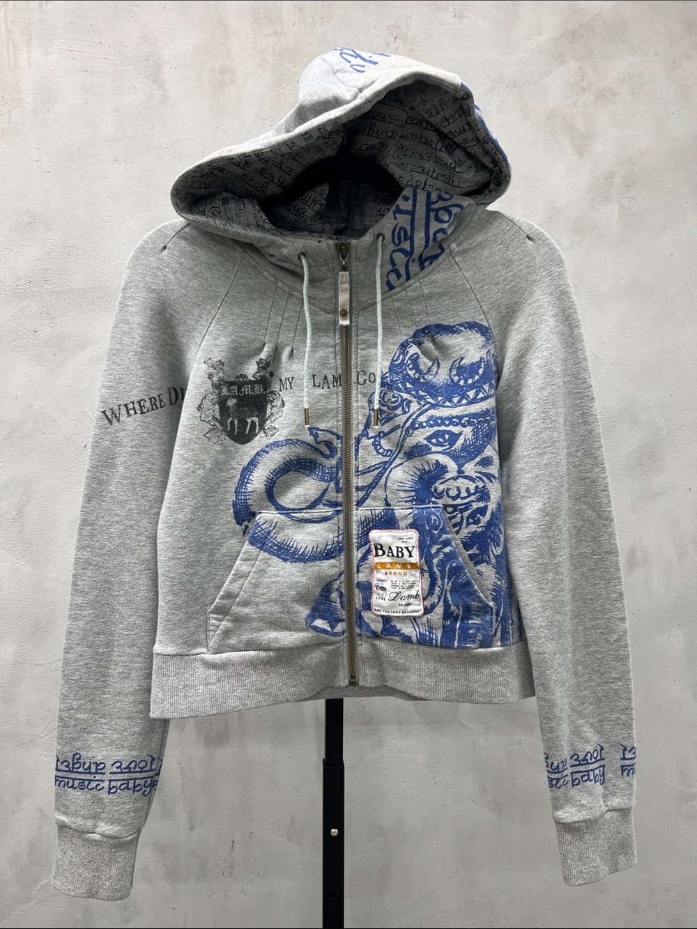 L.A.M.B. Gray Zip Hoodie with Blue Graphic Elephant Print